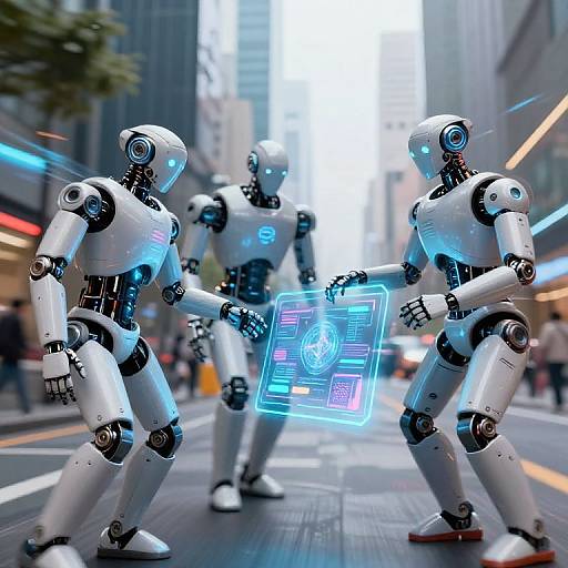 CGI image of three white humanoid robots with glowing blue accents, standing in a futuristic city street, holding holographic displays.