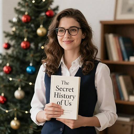 Woman Holding Book by Christmas Tree