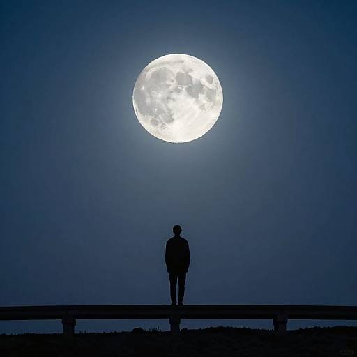 Silhouette of a person standing on a fence, gazing at a bright, full moon in a deep blue night sky.