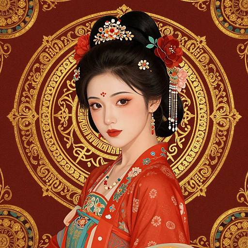 Digital painting of an Asian woman with black hair in an updo, adorned with flowers and pearls, wearing a red traditional dress, against an ornate