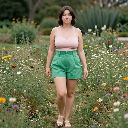 Photograph of a curvy woman with fair skin and dark wavy hair, wearing a pink tank top and green high-waisted shorts, walking