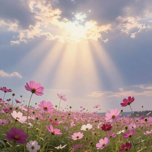 Photograph of a sunlit field with pink and purple cosmos flowers, beams of sunlight breaking through fluffy clouds, creating a serene, picturesque landscape.