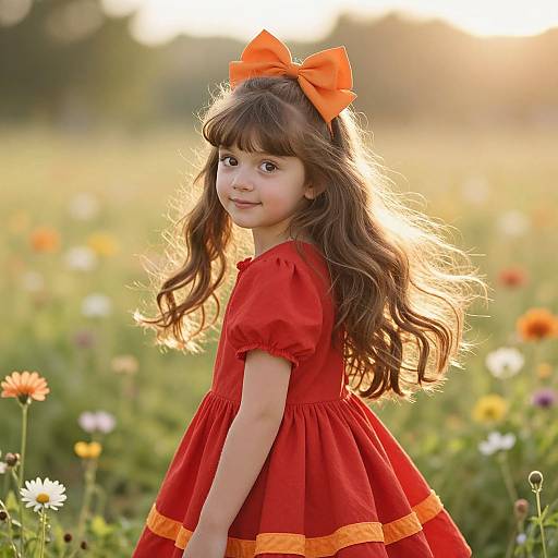 Photograph of a young girl with long brown hair, wearing a red dress and orange bow, standing in a sunlit field of colorful flowers.