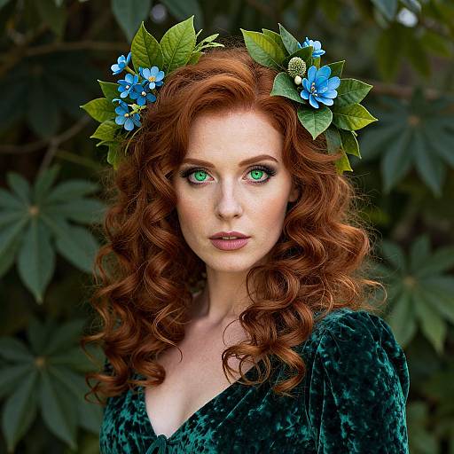 Photograph of a fair-skinned redhead woman with green eyes, wearing a green velvet dress and a blue flower and leaf crown, set against a dark