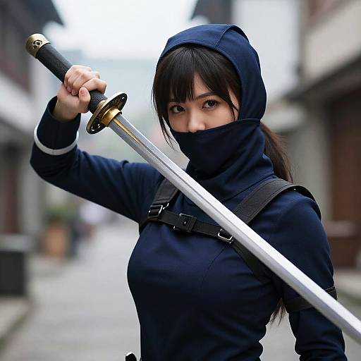 Photograph of a masked, dark-haired woman in a navy hoodie, holding a sheathed katana, standing in a narrow, blurred alleyway.