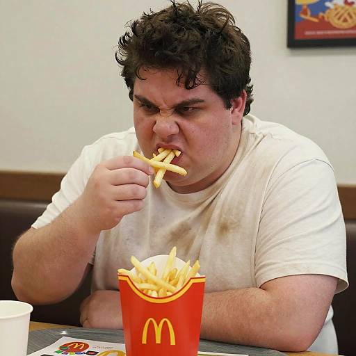 Photograph of a chubby man with curly black hair, wearing a white stained t-shirt, eating French fries from a McDonald's red cup.