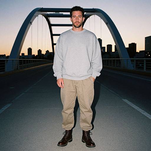 Photograph of a bearded man with short dark hair, wearing a white sweatshirt, beige pants, and brown boots, standing on a bridge at