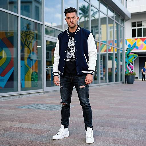 Photograph of a young man with short dark hair, wearing a black and white varsity jacket, black ripped jeans, and white sneakers, standing on