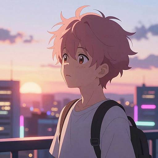 Anime-style digital drawing of a pink-haired boy with wide eyes, wearing a white shirt and black backpack, gazing at a sunset cityscape.