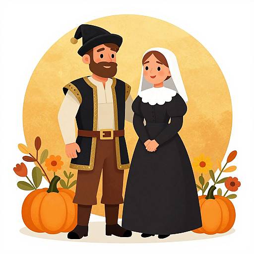 Digital illustration of a bearded man in a black hat and vest, standing with a nun in a black habit, in front of a yellow circle with