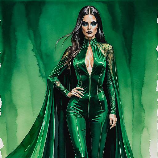 Woman in Emerald Green Velvet Jumpsuit and Cape