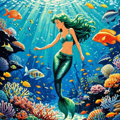 Cheerful Mermaid in Coral Reef