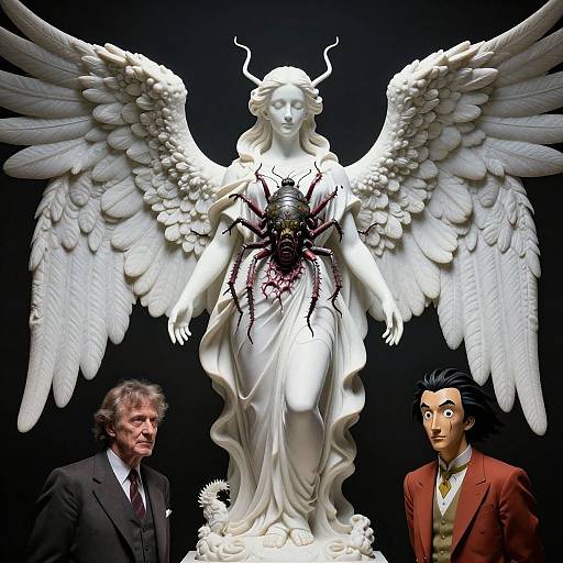 Photorealistic CGI: White angel statue with large wings and black spider on chest, flanked by shocked men in suits. Dark background.