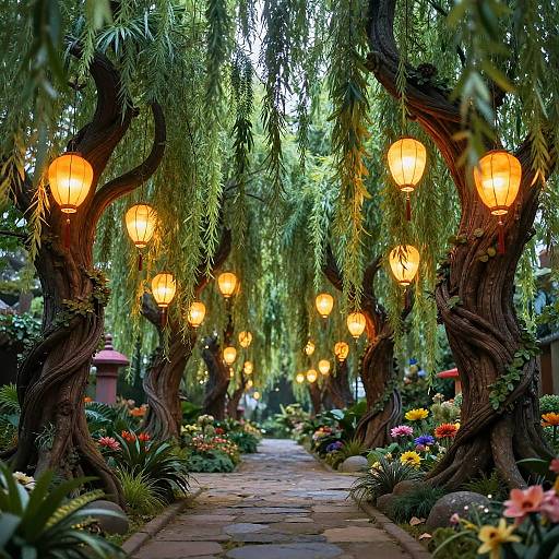 Enchanted Willow Garden with Lanterns