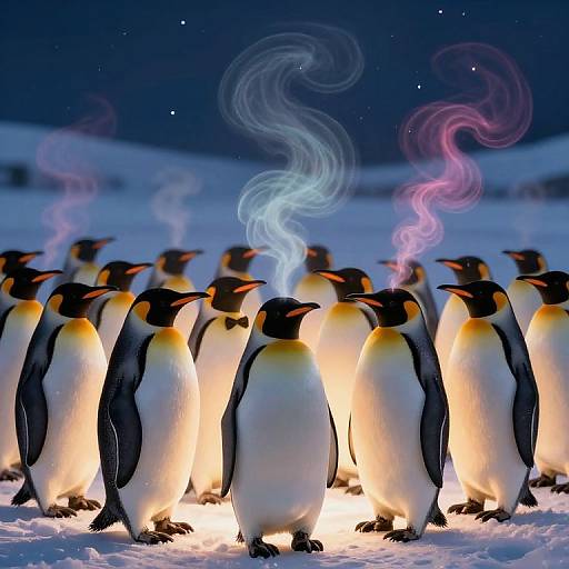 Photograph of a group of illuminated King Penguins on snowy ground, with colorful steam rising from their bodies under a starry night sky.