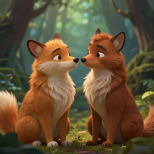 CGI digital artwork of two fluffy, orange and white foxes sitting in a lush, sunlit forest, gazing at each other affectionately.
