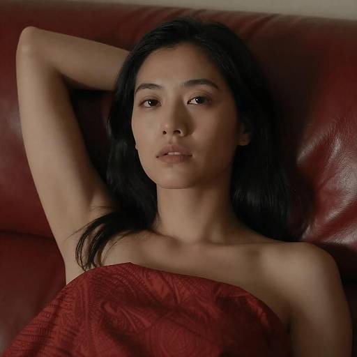 Serene Woman on Red Leather Couch