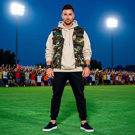 Photograph of a muscular man with dark hair and beard, wearing a camouflage vest over a white hoodie, black pants, and black sneakers, standing on