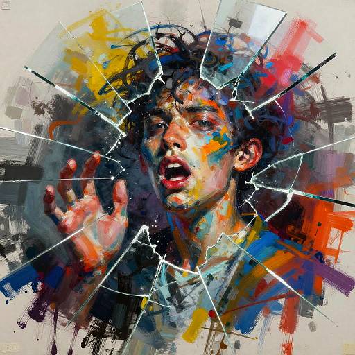 Abstract digital painting of a distressed, dark-haired child with shattered glass effects, vibrant colors, and expressive, open-mouthed face.