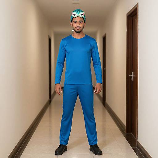 Photograph of a bearded man in blue medical scrubs and mask, standing in a long, white-tiled hallway with brown doors.