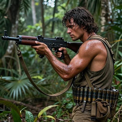 Photograph of a muscular, sweaty, shirtless man with wet, dark hair, aiming a rifle in a dense, green jungle. He wears olive