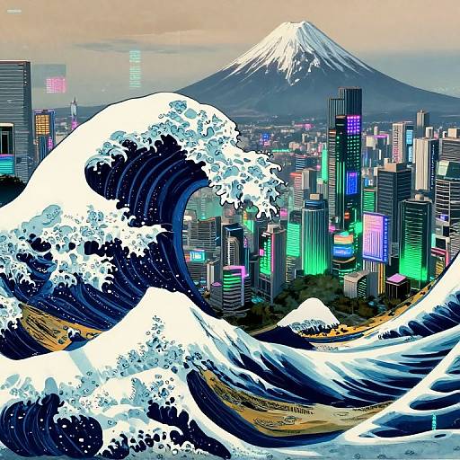 Digital artwork merging Hokusai's 