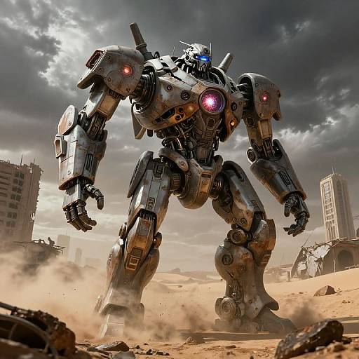 Colossal Robot Awakening in Wasteland