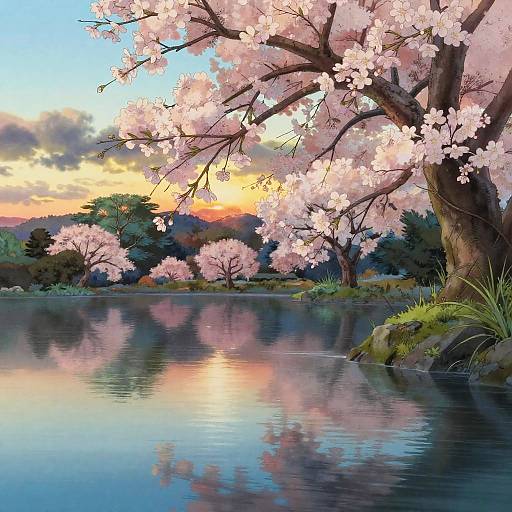 Digital painting of a serene pond reflecting pink cherry blossoms at sunset, with a large tree on the right and lush greenery in the background.