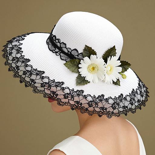 Photograph of a woman in white, wearing a large, elegant white hat with black lace trim and white flowers, set against a plain beige background.