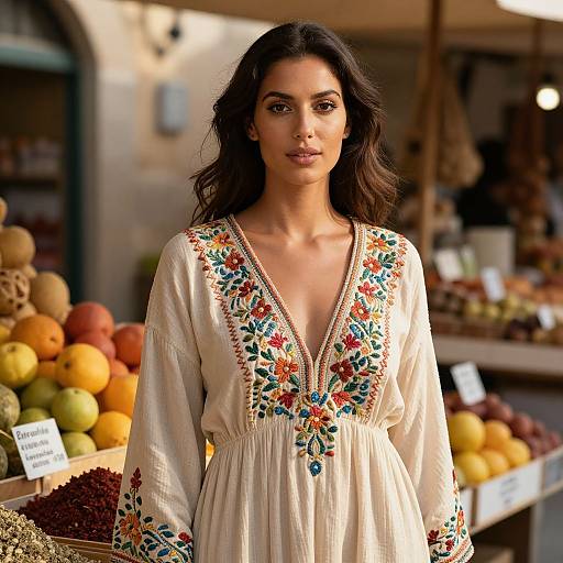 Photograph of a beautiful, dark-haired woman with olive skin, wearing a cream embroidered blouse, standing in a vibrant fruit market.