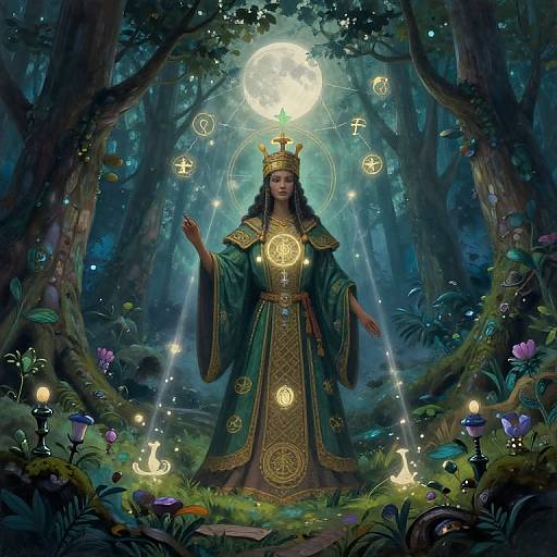 Digital fantasy artwork: A mystical queen with golden crown and ornate green robe, surrounded by glowing symbols, under a full moon in a lush, enchanted