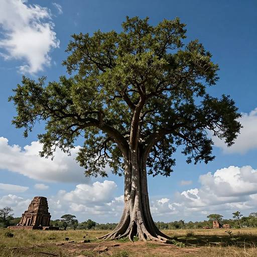 Photograph of a large, ancient baobab tree with thick trunk and sprawling branches, set against a bright blue sky with white clouds. Ruined
