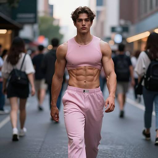 Photograph of a muscular, young man with curly brown hair, wearing a pink sports bra and matching pants, walking confidently down a busy city street.