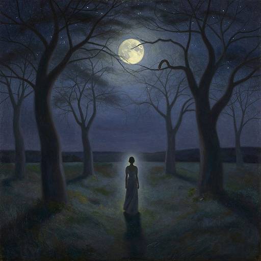 Digital painting of a silhouetted figure standing in a moonlit, dark forest with bare trees, under a starry night sky.