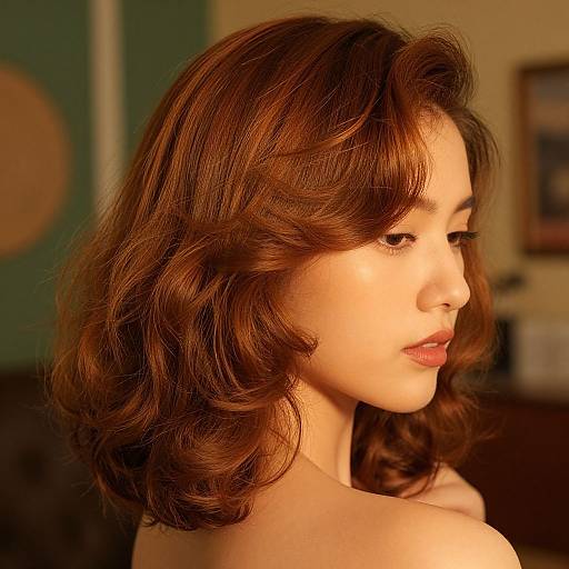 Photograph of an Asian woman with shoulder-length, wavy brown hair, soft light illuminating her face, looking to the side, in a warmly