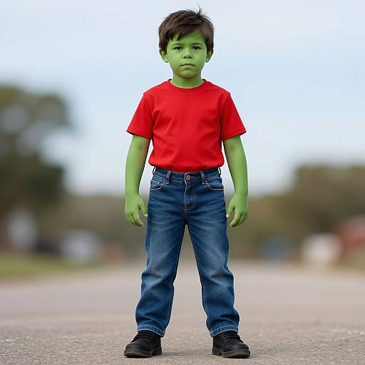 Photograph of a green-skinned boy with short black hair, wearing a red shirt, blue jeans, and black shoes, standing on a blurred outdoor