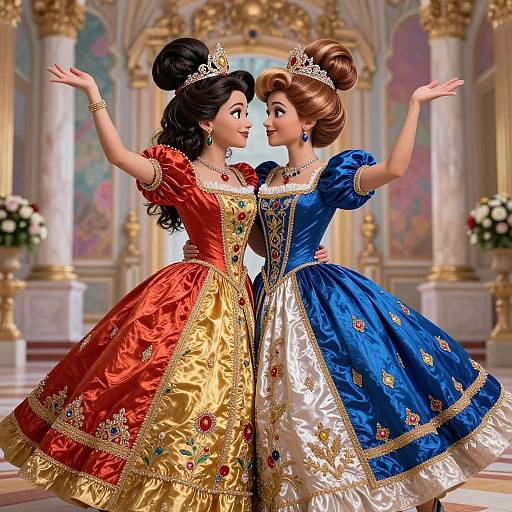 Digital art of two princesses in ornate ball gowns, one in red and gold, one in blue and white, dancing in a lavish palace