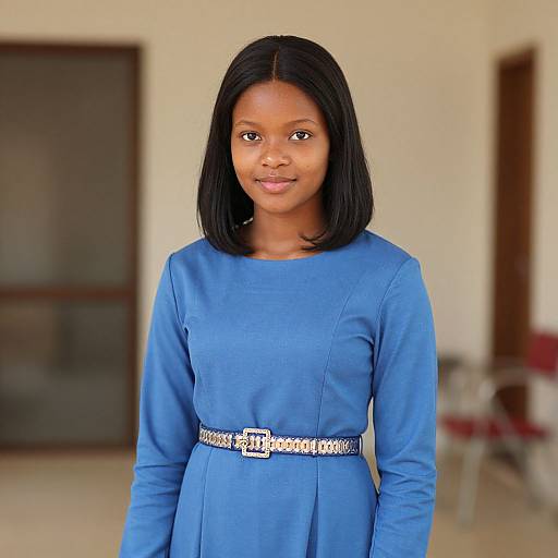 Photograph of a smiling Black woman with straight black hair, wearing a vibrant blue dress with a silver belt, standing in a softly lit, blurred indoor