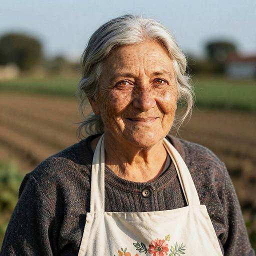 Photograph of an elderly woman with gray hair, smiling, wearing a white floral apron over a dark sweater, standing in a sunlit, blurred