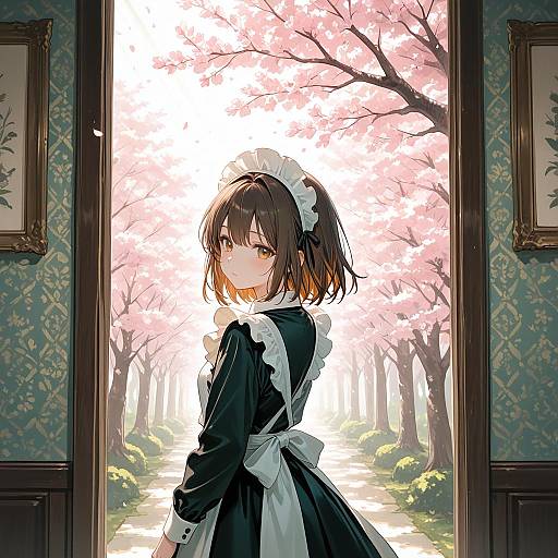 Anime Maid in Cherry Blossom Pathway