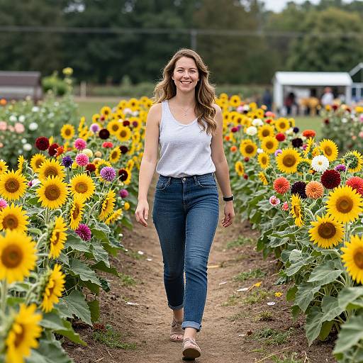 Photograph of a smiling woman with long brown hair, wearing a white tank top and blue jeans, walking through a vibrant sunflower field.