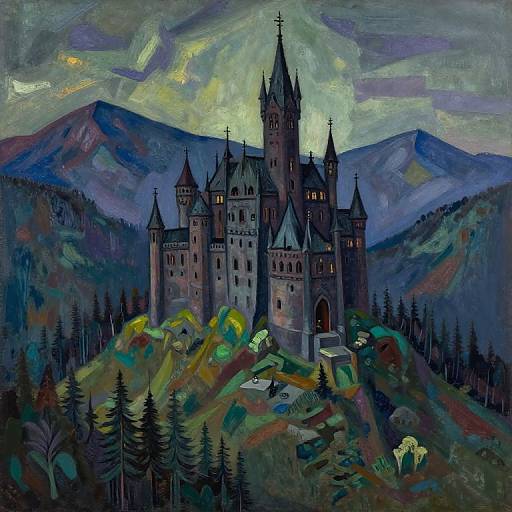 Digital painting of a dark, gothic-style castle with spires on a mountainous, forested landscape at dusk, featuring vibrant, swirling colors in