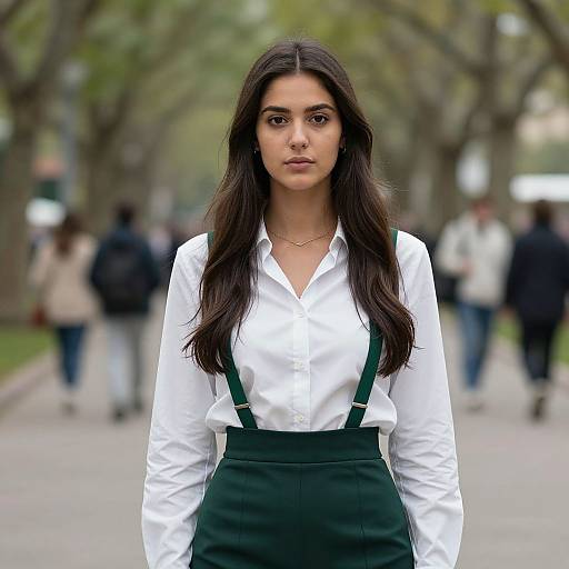 Photograph of a young South Asian woman with long dark hair, wearing a white button-up shirt and dark green high-waisted pants, standing in