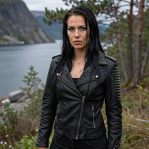 Photograph of a pale-skinned woman with long, wet black hair, wearing a studded black leather jacket, standing in a forested area overlooking