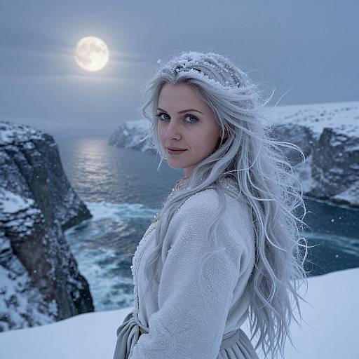 Photograph of a blonde woman with long, wavy hair, wearing a white knit sweater, standing in snowy landscape by a moonlit ocean.