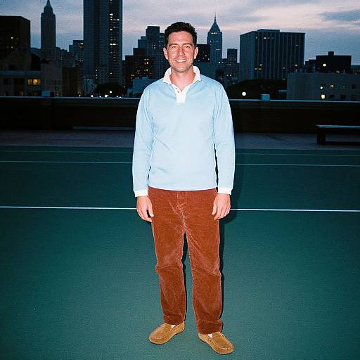 Photograph of a smiling man with short dark hair, wearing a light blue shirt, brown corduroy pants, and tan shoes, standing on a