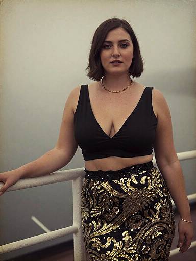 Photograph of a curvy brunette woman with a bob haircut, wearing a black deep V-neck top and ornate black and gold skirt, standing against