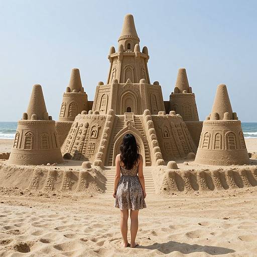 Photograph of a young girl with long black hair in a floral dress, standing in front of a large, intricate sandcastle with towers and arches