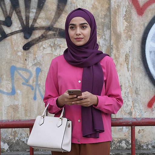 Young Woman in Purple Hijab by Graffiti Wall