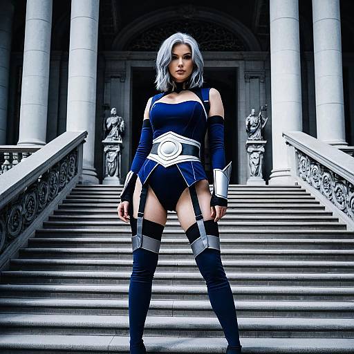 Cosplay Woman in Blue and Silver Bodysuit on Grand Staircase